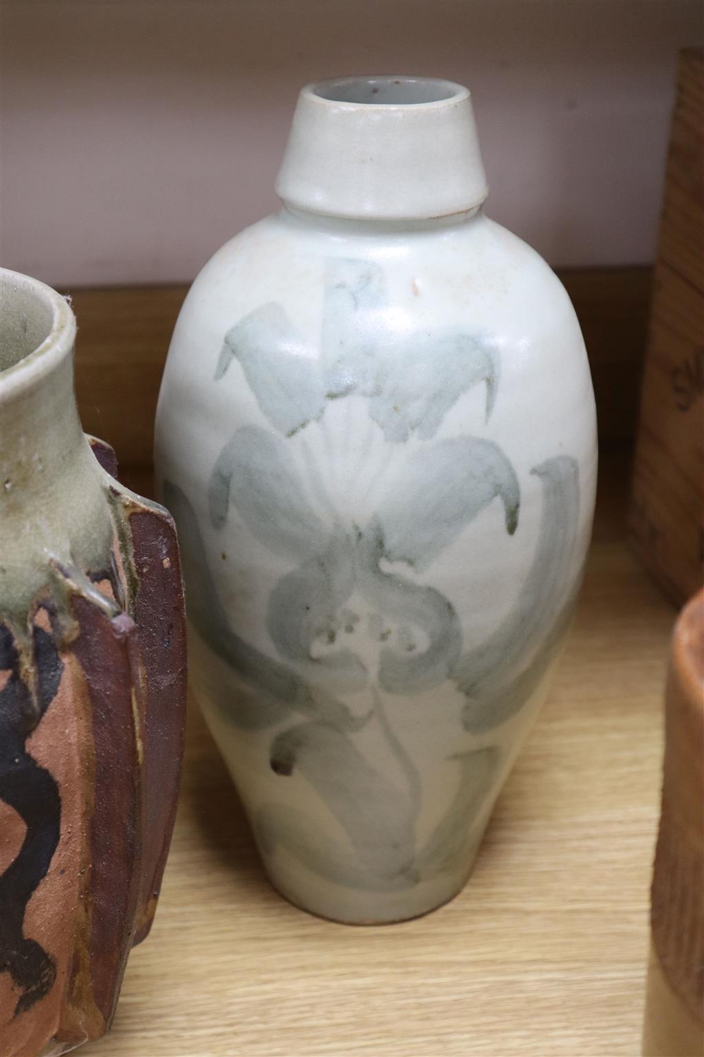 Five pottery studio vases by Andrew Rudebeck, tallest 38cm
